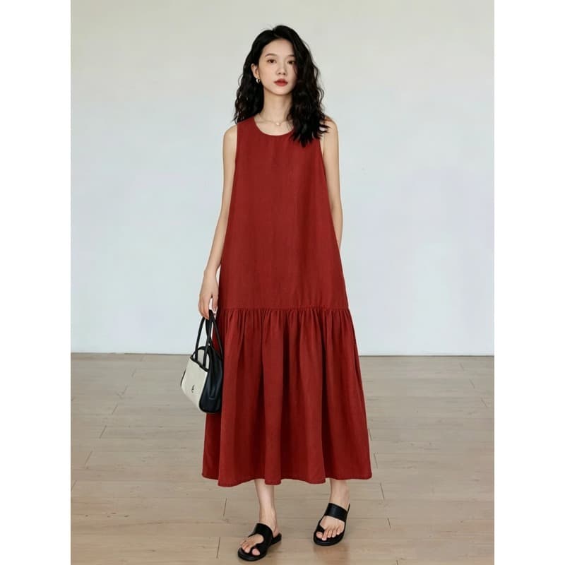 Linen Round Neck Slimming Patchwork Sleeveless Dress Summer New Arrival Literary Casual Loose Vacation Style Long Dress