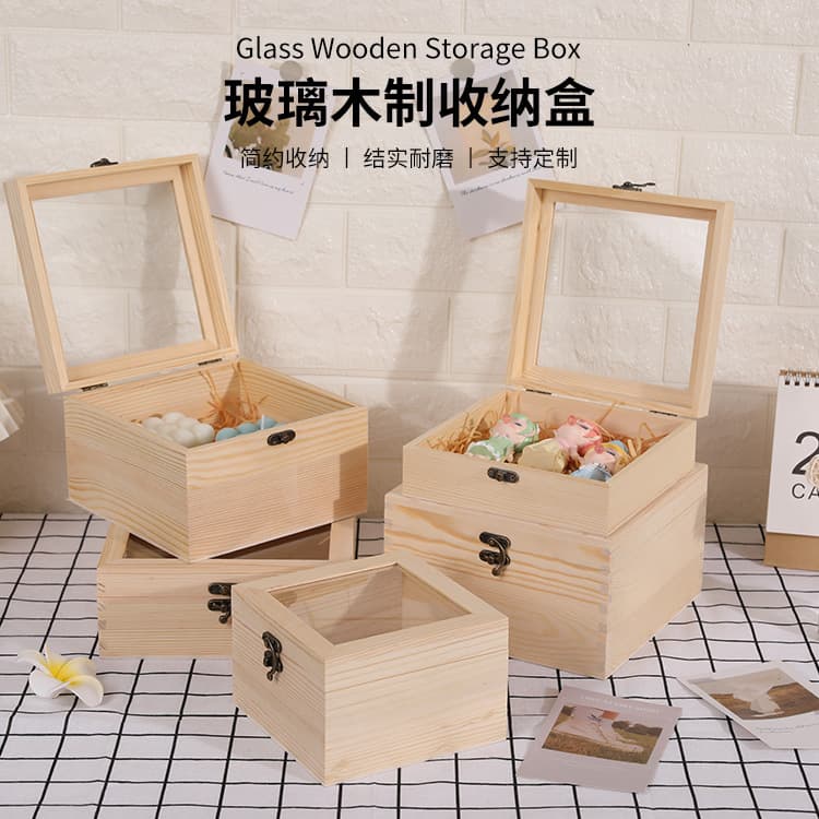 Creative Dried Flower Wooden Box Wholesale Stock Succulent Glass Lid Wooden Box Candy Wooden Box Direct Supply Baby Full Moon Gift Box
