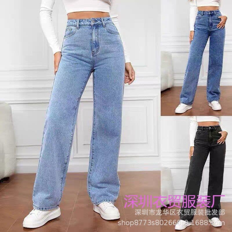 Plus Size Women's High-Waist Jeans in Light Wash, Vintage Loose Wide-Leg Straight Pants for European and American Markets