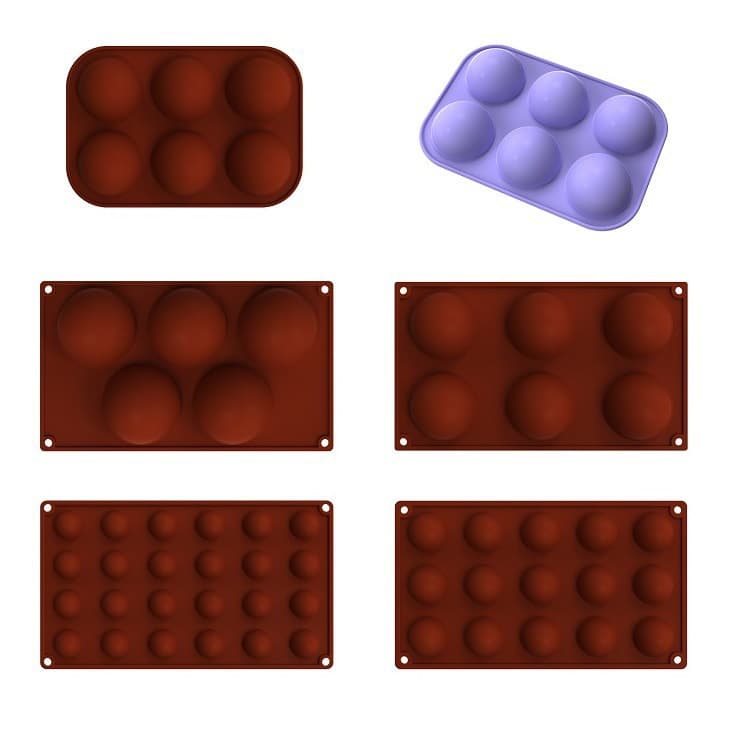 6 in a row, 15 holes in a row, 24 in a row, and 5 in a row, large and small semi-circular and small hemispherical mousse silicone chocolate molds for baking eggs