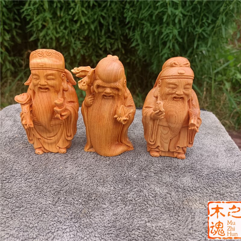 Thuja and Boxwood Carved Living Room Car God Statue Decoration Handheld Piece Fu Lu Shou Three Star Ornament Buddha Statue Wenwan