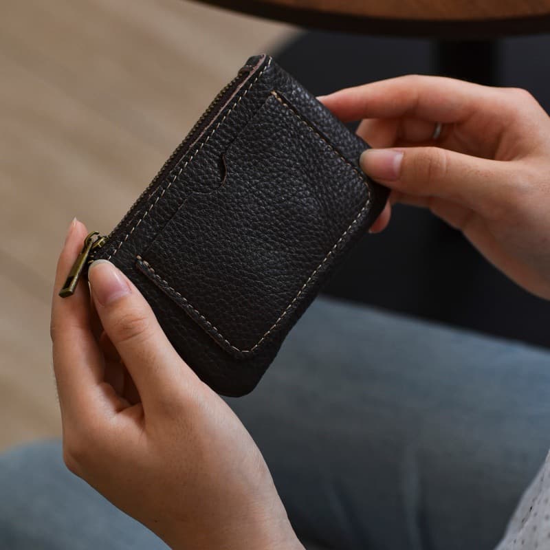 Genuine Leather Coin Purse for Men, Vintage Top-Grain Cowhide Grain Ultra-Thin Mini Coin Wallet with Metal Zipper, Women's Card Holder