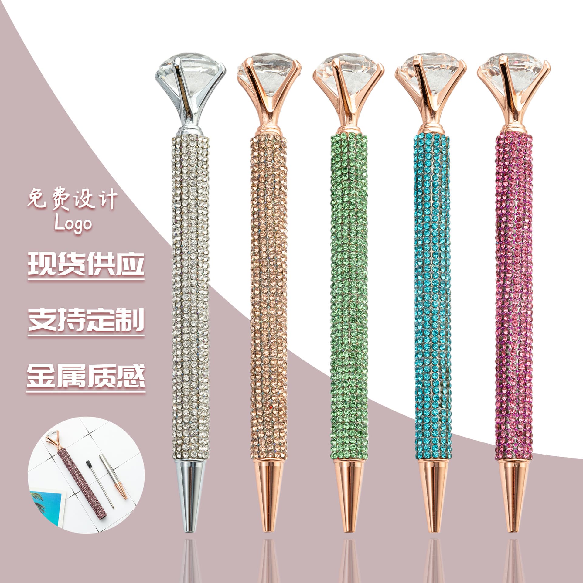Factory Direct Large Studded Rotating Metal Ballpoint Pen Crystal Pen Student Advertising Gift