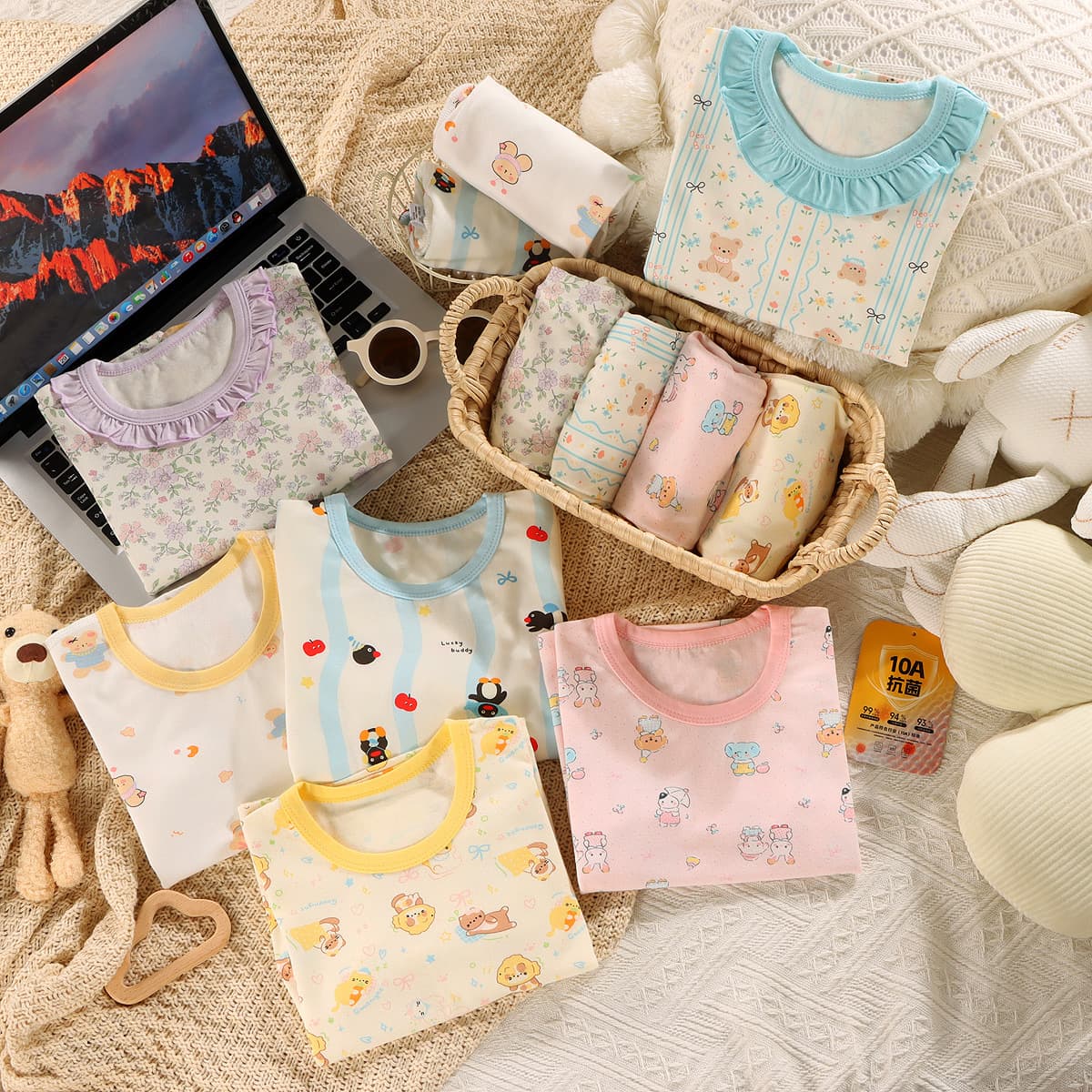 Children's Pajamas Baby Autumn Lycra Cotton Thermal Tops and Pants Boys' Round Neck Cartoon Set Girls' Long-Sleeve Loungewear