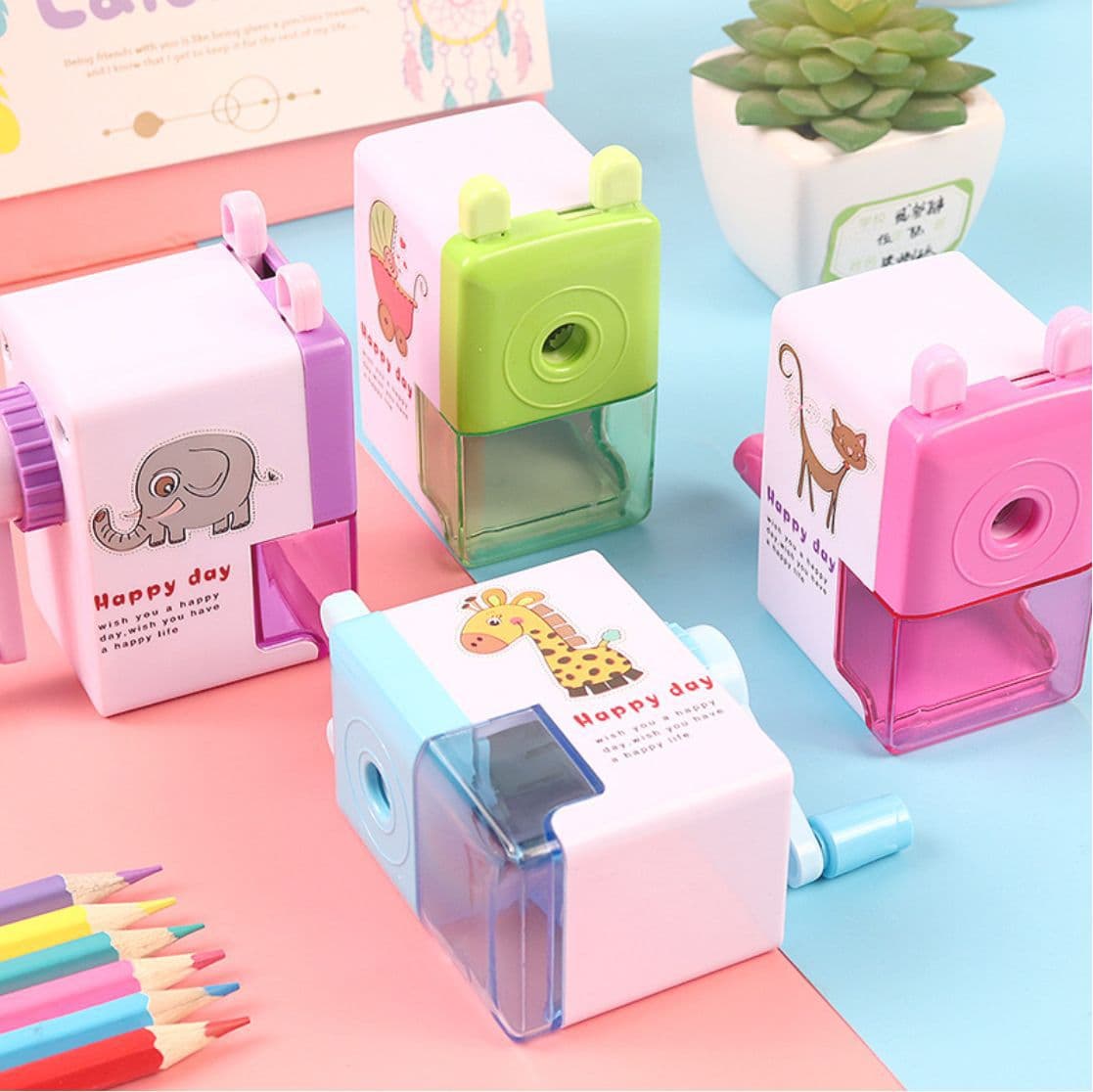 Cartoon Single Hole Pencil Sharpener Hand Crank Pencil Cutter Box Packaged Student Stationery Gifts Wholesale Office School Supp