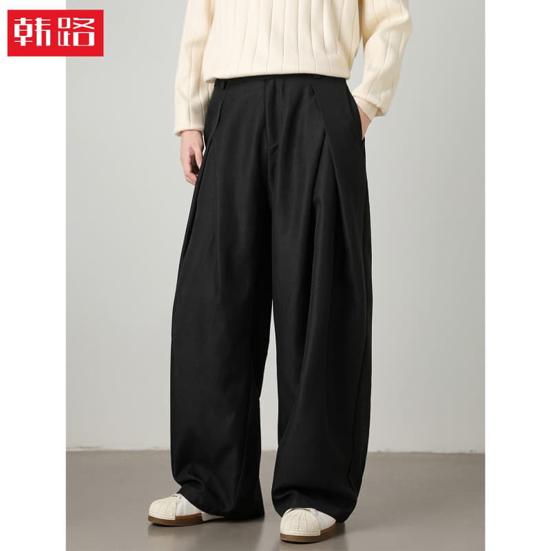 Textured blended pleated drape casual trousers for men autumn new trendy brand retro silhouette loose and versatile long trousers