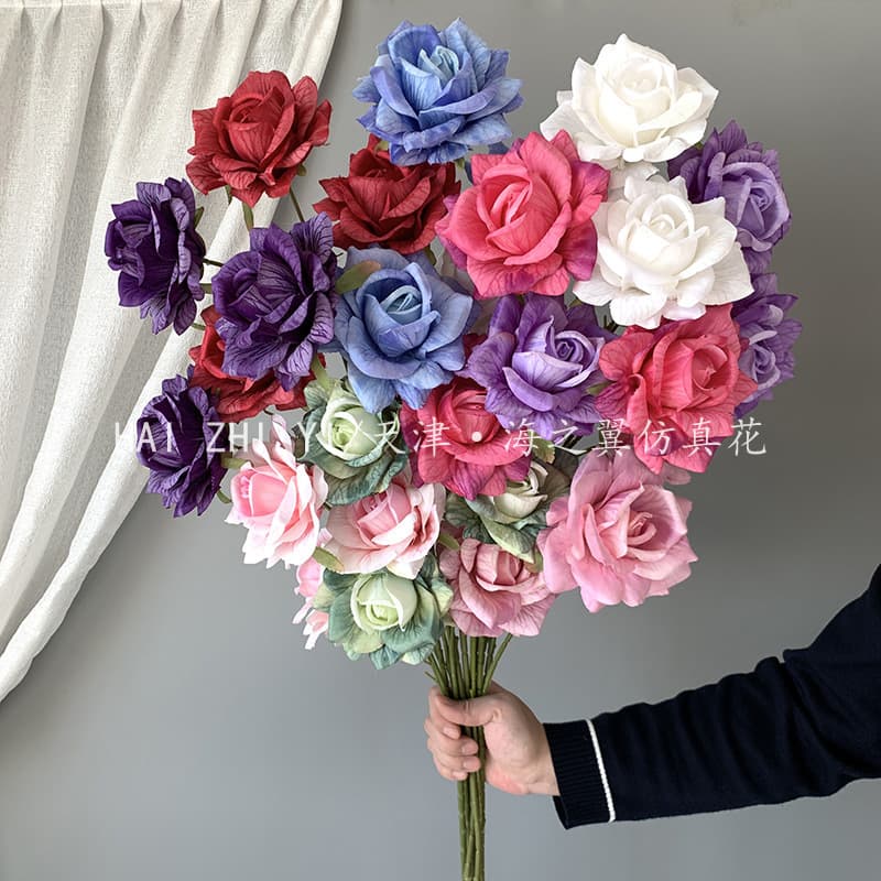 3-head embossed rose, high-end artificial flower 3D mesh rose wedding hall road guide flower arrangement background decoration artificial flower