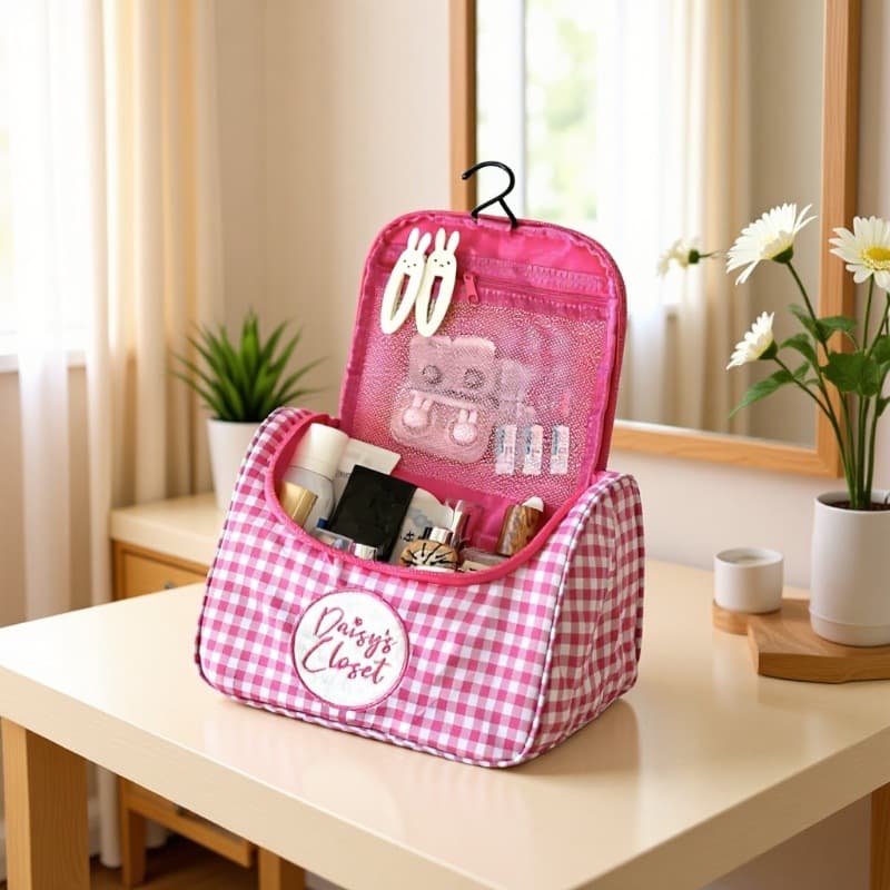 Cute Plaid Handheld Cosmetic Bag, New Portable Commuter Makeup Storage Bag, Pink and White Plaid Multifunctional Women's Bag