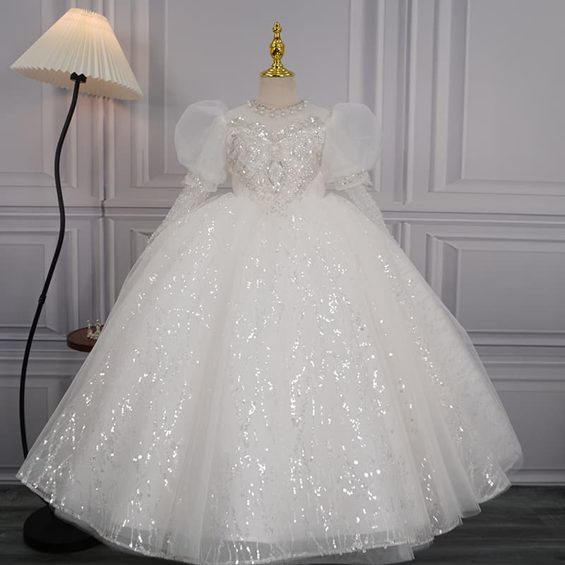 Banquet White Tulle Birthday Party Princess Dress for Kids, Flower Girl Wedding Dress, Little Girl Piano Performance Outfit Spring
