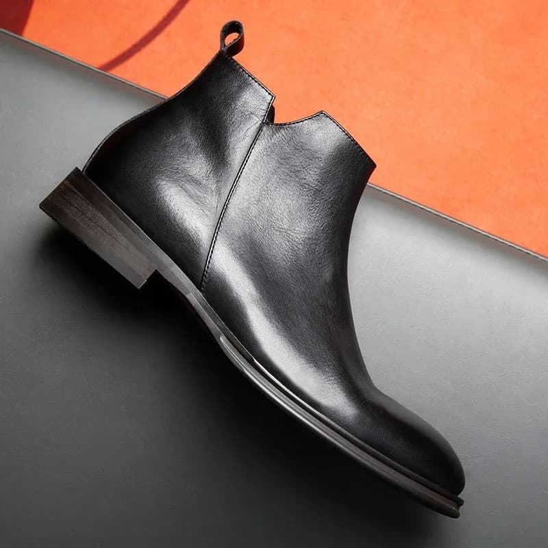 Men's square-toe Chelsea boots, genuine leather Martin boots, side zipper, British style casual mid-top leather shoes, thick-soled short boots.