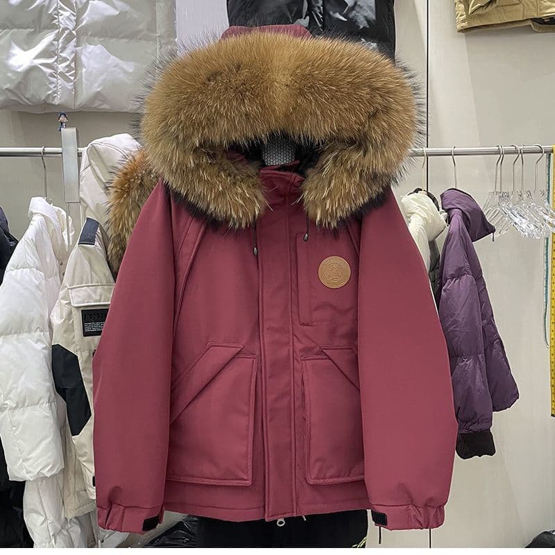 Parka Down Jacket Women 2024 New Thickened Couple Style Large Fur Collar Workwear Hooded Fashion Petite Outerwear Trendy
