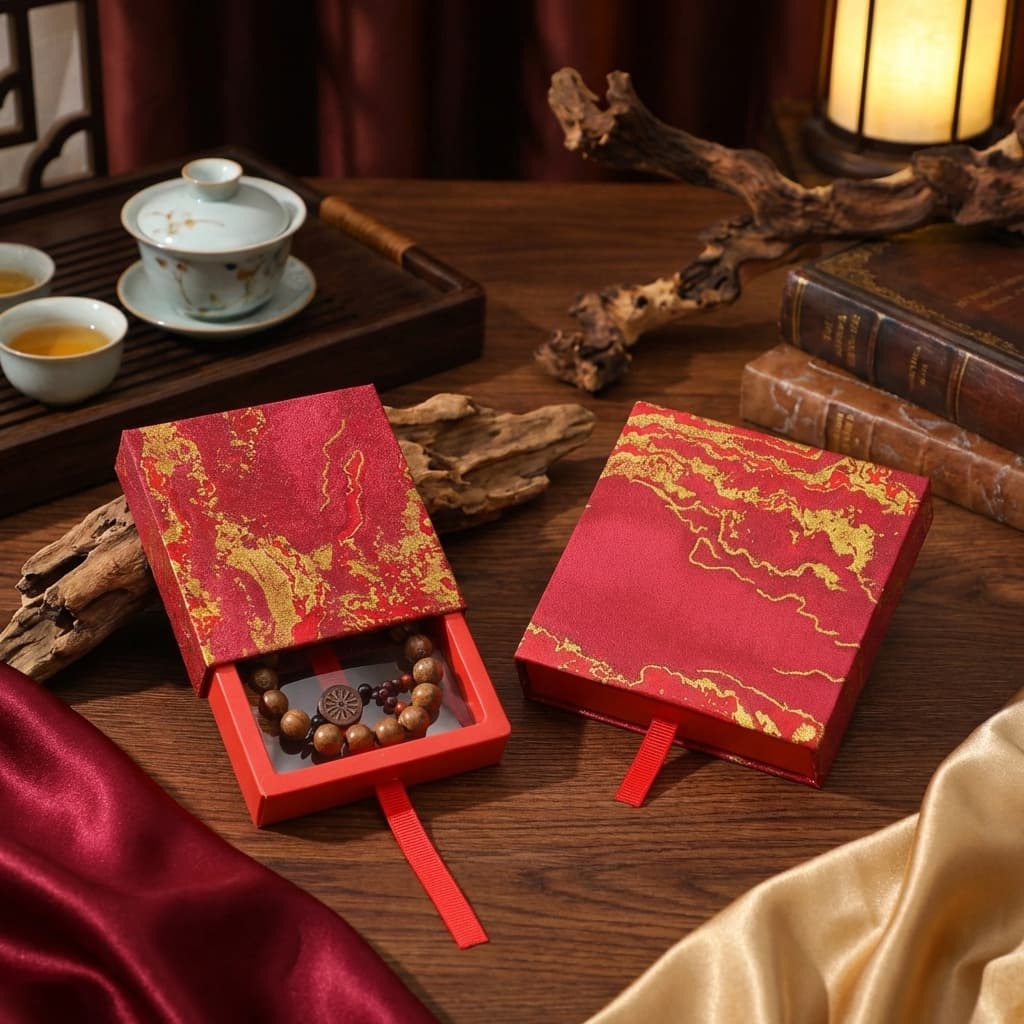 Chinese Festive Gilt Jewelry Box, Holiday Gift Hard Box for Bracelet Beads, Vintage Decorative Packaging Box