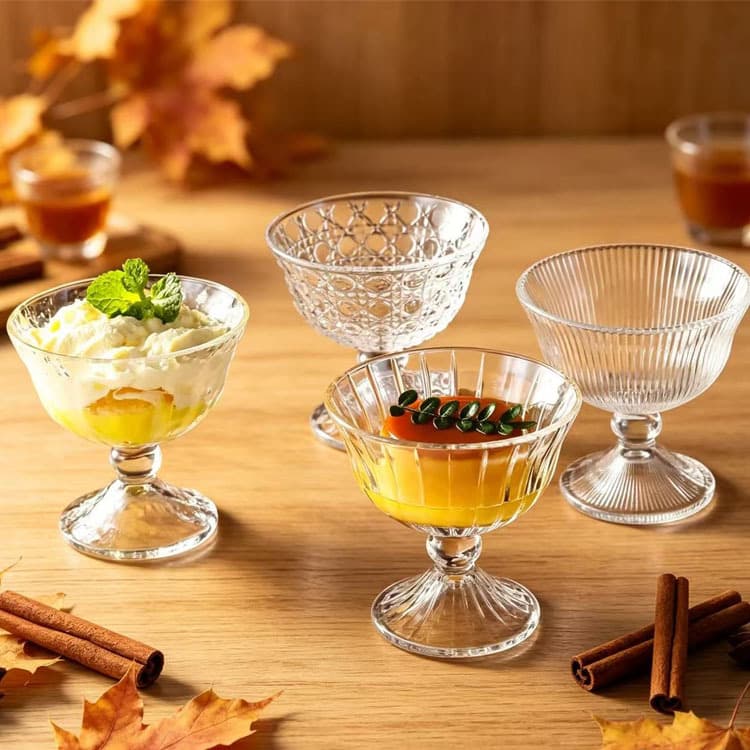 Vintage Style Vertical Ribbed Embossed Stemmed Ice Cream Cup, Glass Dessert Cup, Ice Cream Cup, Stemmed Juice Cup, Water Cup