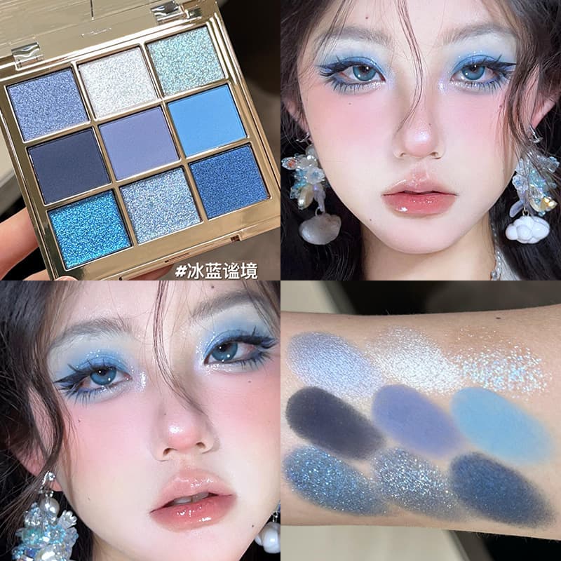 Summer Explosive Ice Blue Serenity Nine Color Eyeshadow Palette Pearlescent Matte Blue Smoky Cool Diamond Music Festival Eye Makeup
