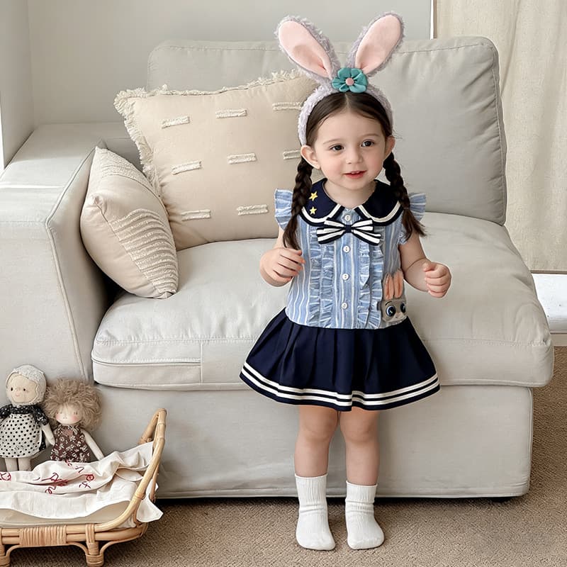 Baby Girl Summer Dress with Rabbit Embroidery, Navy Collar, Blue and White Striped Navy Princess Dress, Infant Academy Style Dress