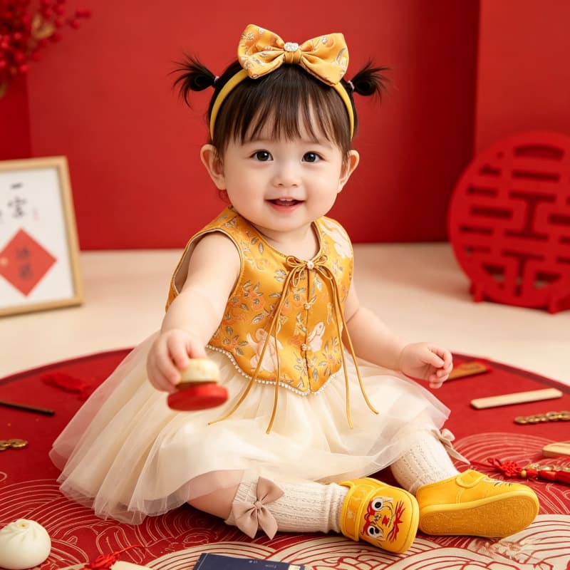 2026 Summer New Baby Girl First Birthday Dress New Chinese Style Infant Princess Dress Baby Tang Suit Birthday Party Dress Wholesale