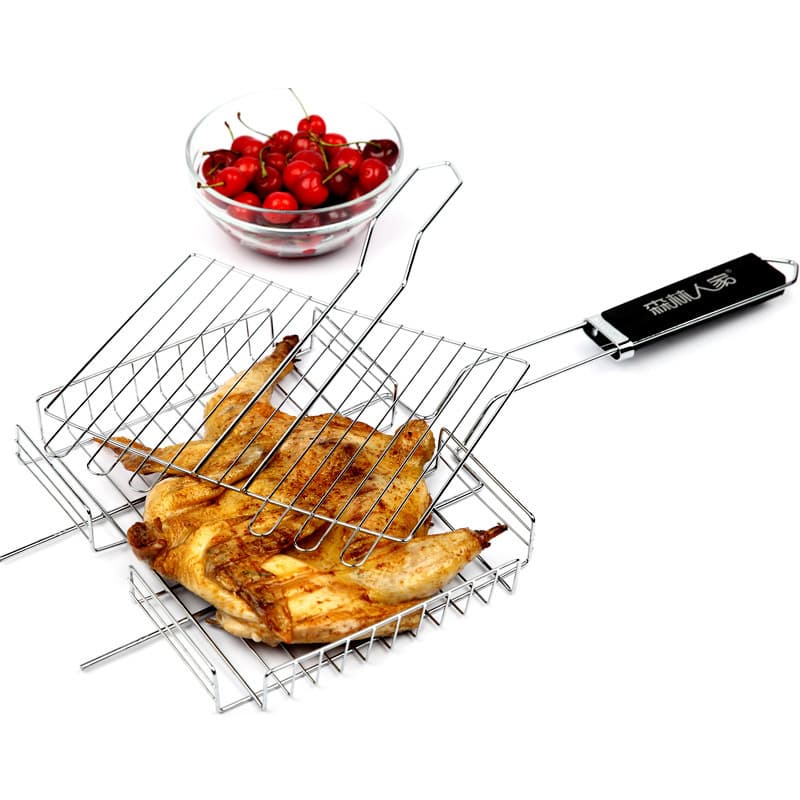 BBQ Multi-Layer Vertical Grilling Basket with Wooden Handle, Straight Style Grill Net, Fish Grill Clamp, Chicken Rack Mesh Sheet