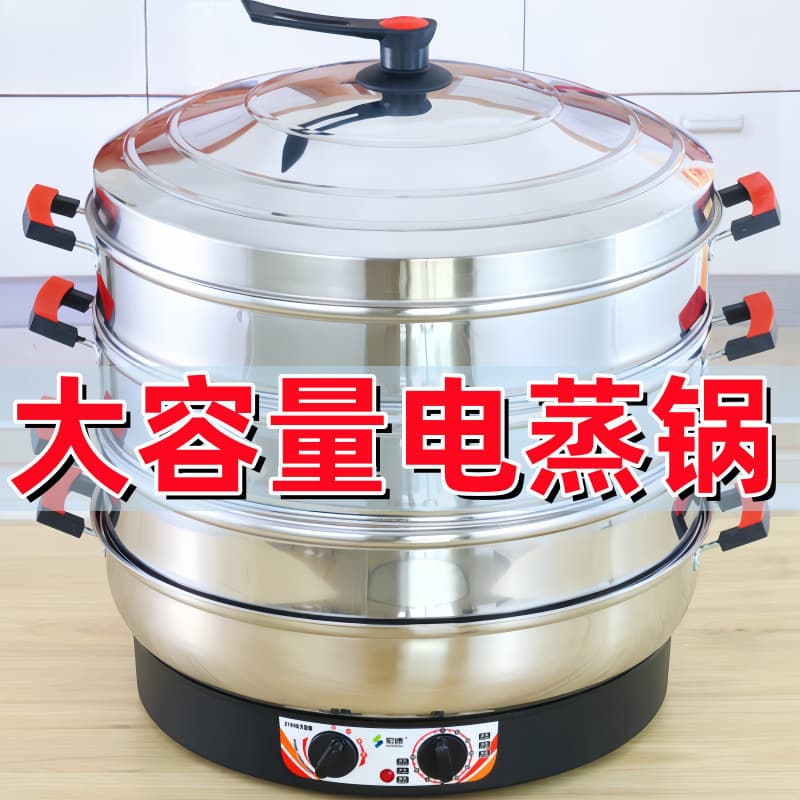 Extra Large Stainless Steel Electric Steamer with Plug-in Steamer Basket, Home and Commercial Use, Auto Shut-off, Three-Tier Vegetable Steamer