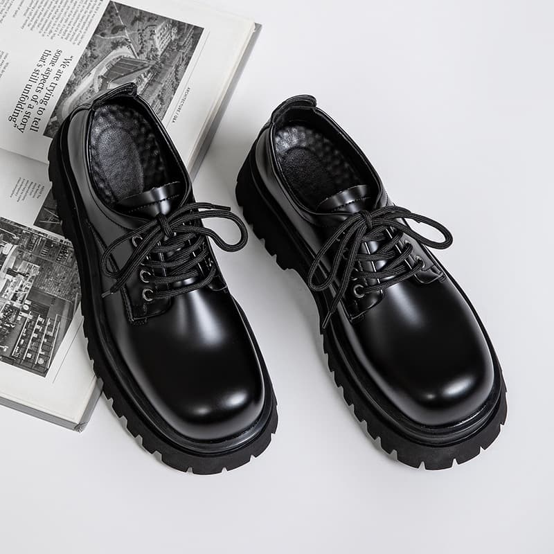 New Derby Shoes Men's Round Toe Thick Sole Black Couple Leather Shoes British Style Commuter High Street Big Toe Shoes Men's 2801