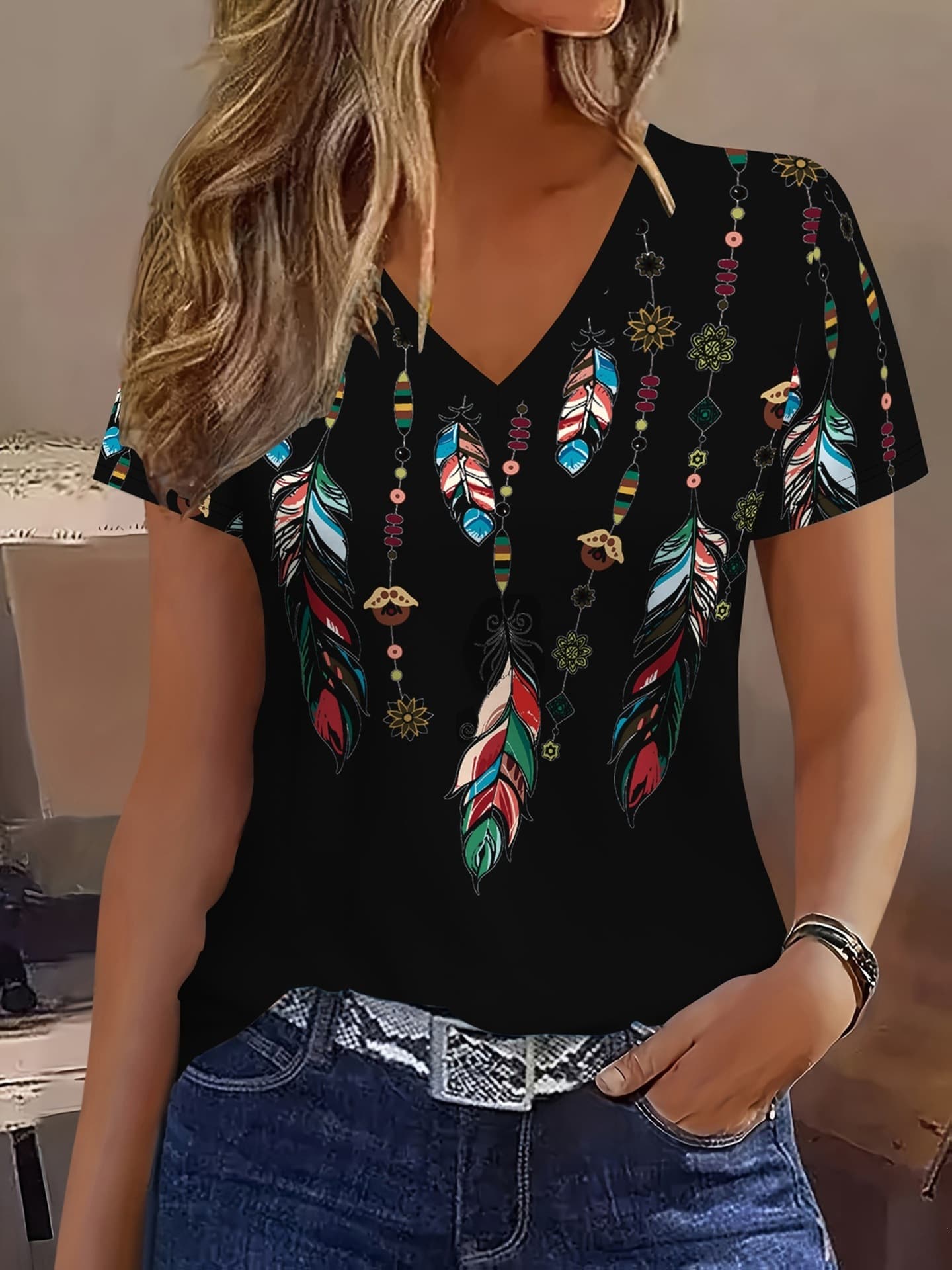 2026 Cross-Border EU/US Summer New Women's T-Shirt Amazon Women's V-Neck Short Sleeve Casual Top Drop Shipping