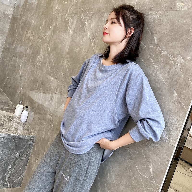 Maternity Nursing Outfit Autumn Winter Two-Piece Set Pregnant Women Homewear Sleepwear Korean Style Cotton-Polyester Blend