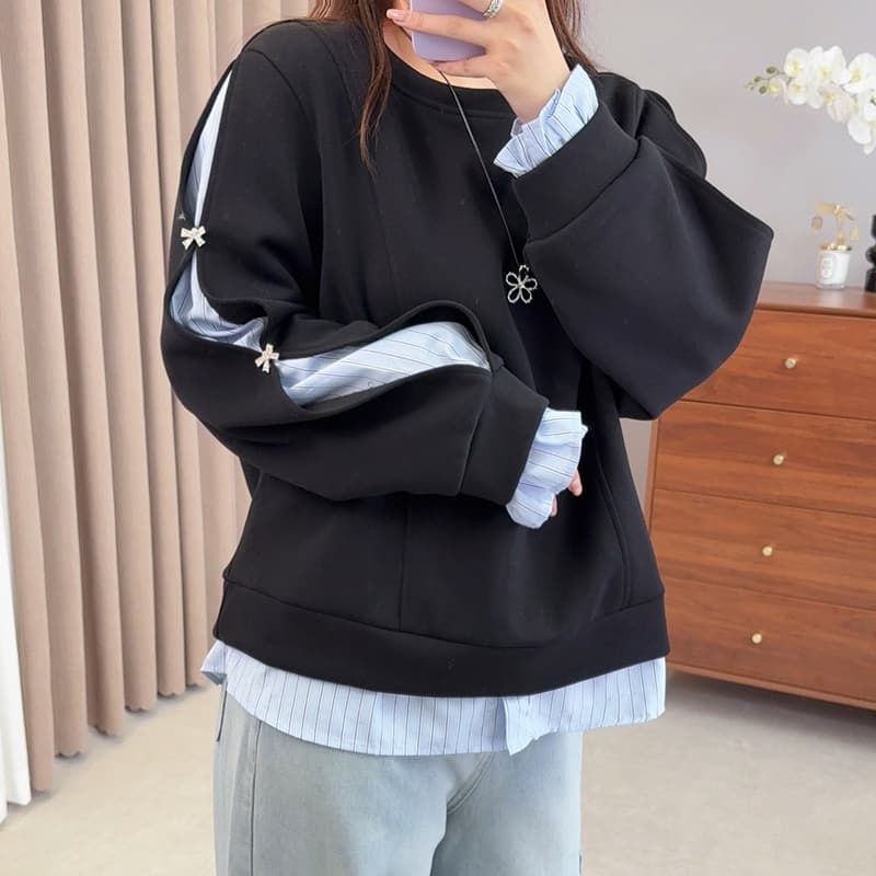 Ziyuan 2025 Autumn New Arrival Plus-Size Women's Top Design-Focused Patchwork Fake Two-Piece Long Sleeve Sweatshirt 9080