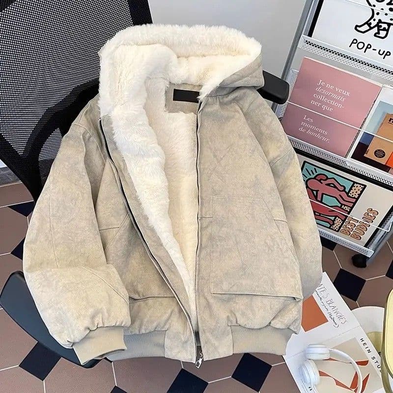 Women's Winter Cotton Coat Jacket, Thickened Fleece-Lined, Mountain Eagle Style, Trendy American Student Hooded Jacket