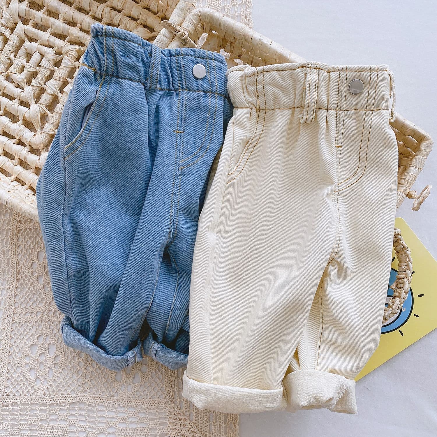 Baby Solid Color Jeans 0-3 Years Autumn Girls Korean High Waist Casual Pants Boys Pants EK148