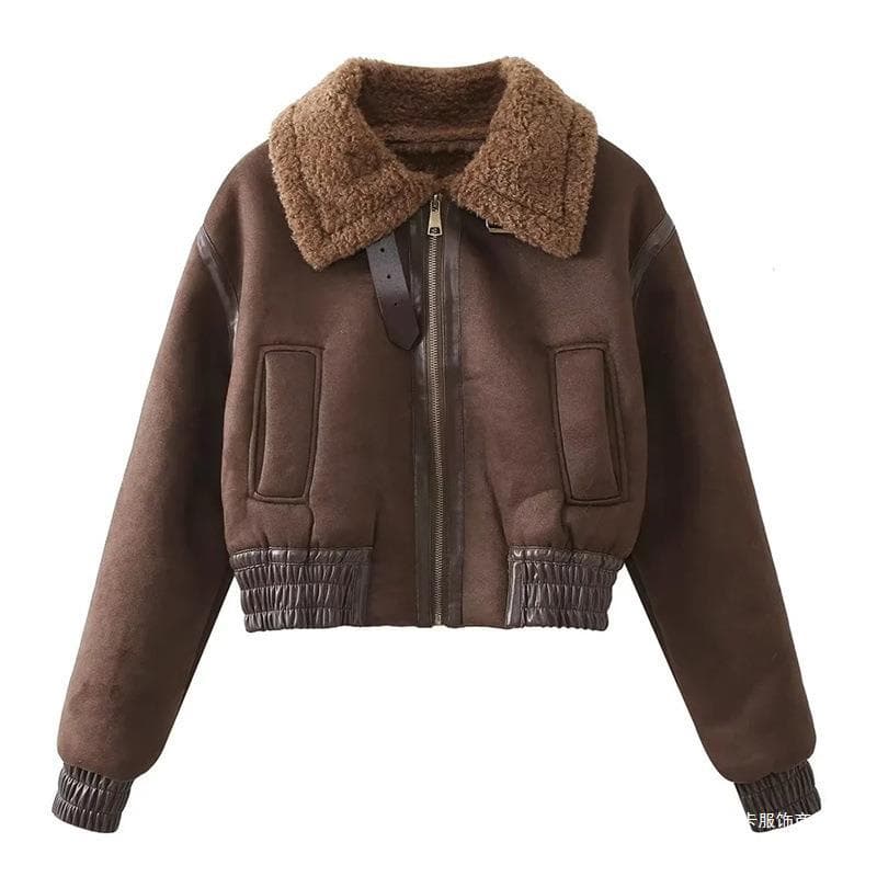 American High Street Fleece-Lined Thick Turn-Down Collar Jacket, Fall/Winter Zip-Up Coat, Trendy Loose Motorcycle Jacket