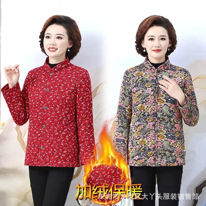Mother's cotton coat for middle-aged and elderly women, fleece-lined cotton jacket for autumn and winter, thick grandma's floral coat, street vendor mother's style.