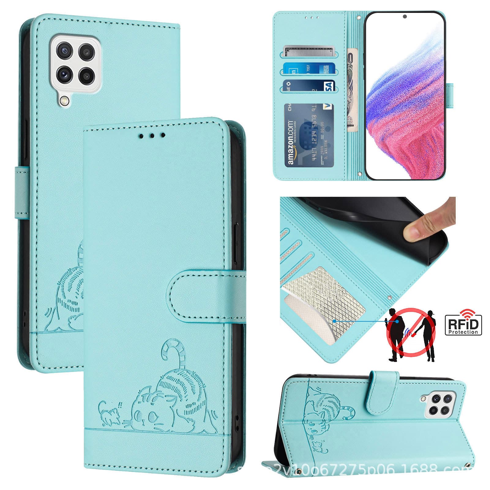 Hot Selling Overseas: Compatible with Samsung A22, Cat Mouse M14 Anti-Skimming Card Slot A21S European Version Flip Leather Case 4G
