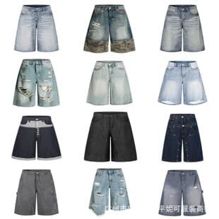 American Vintage High Street Ripped Denim Capri Pants Hip Hop Street Dance Unisex Loose Summer 7-Point Pants JORTS
