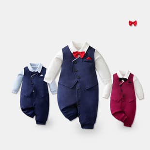 Spring New European American Style Baby Romper Class A Long Sleeve Fake Two Piece Baby Boy First Birthday Suit Outing Wear