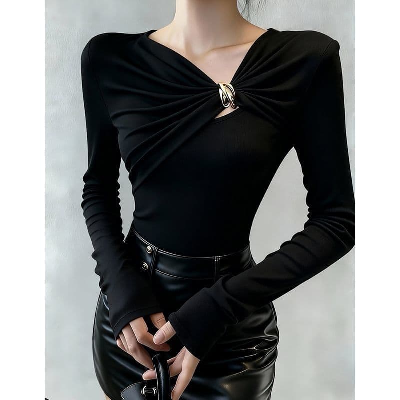 French Vintage Slant Collar Button Pleated Long Sleeve Shirt Women's Autumn Winter Inner Layering Top European American Style