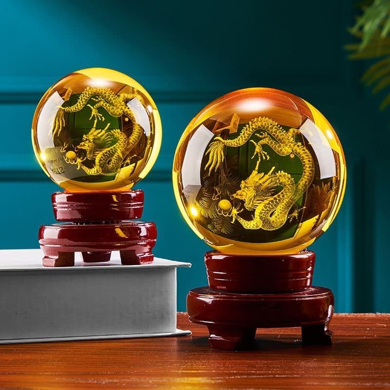 Yellow Crystal Ball Ornament with Internal Engraved Dragon, Glazed Ball, Luck-Bringing Bead, Fortune Ball, Living Room Decor, Housewarming Gift