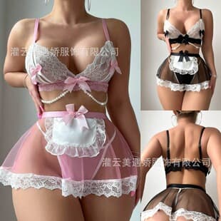 Cross-border European and American Source Sexy Lace See-Through Colorblock Maid Temptation Lingerie Camisole Short Dress Women's Set
