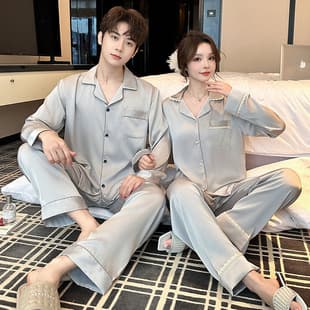 Couple Ice Silk Women's Pajamas Spring/Autumn Long Sleeve Long Pants Set Korean Trendy Men's Premium Light Luxury Loungewear