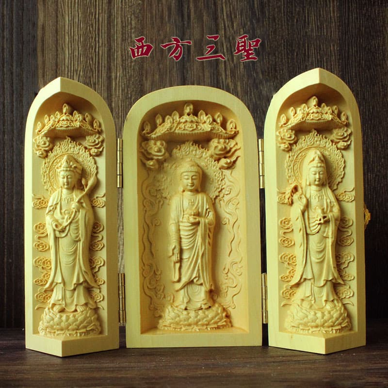Wholesale Assorted Guanyin, Tathagata, Ksitigarbha, Fu Lu Shou, and Three Saints of the West Boxwood Carved Buddha Statues Three-Panel Box Craft Ornaments