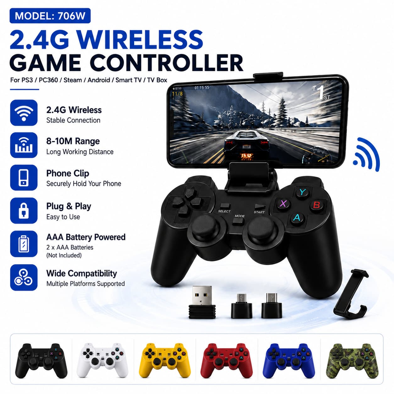 Android Wireless Game Controller T706WZ for TV Computer Mobile Phone Handheld Game Console ABS Material Non-Vibration Feature