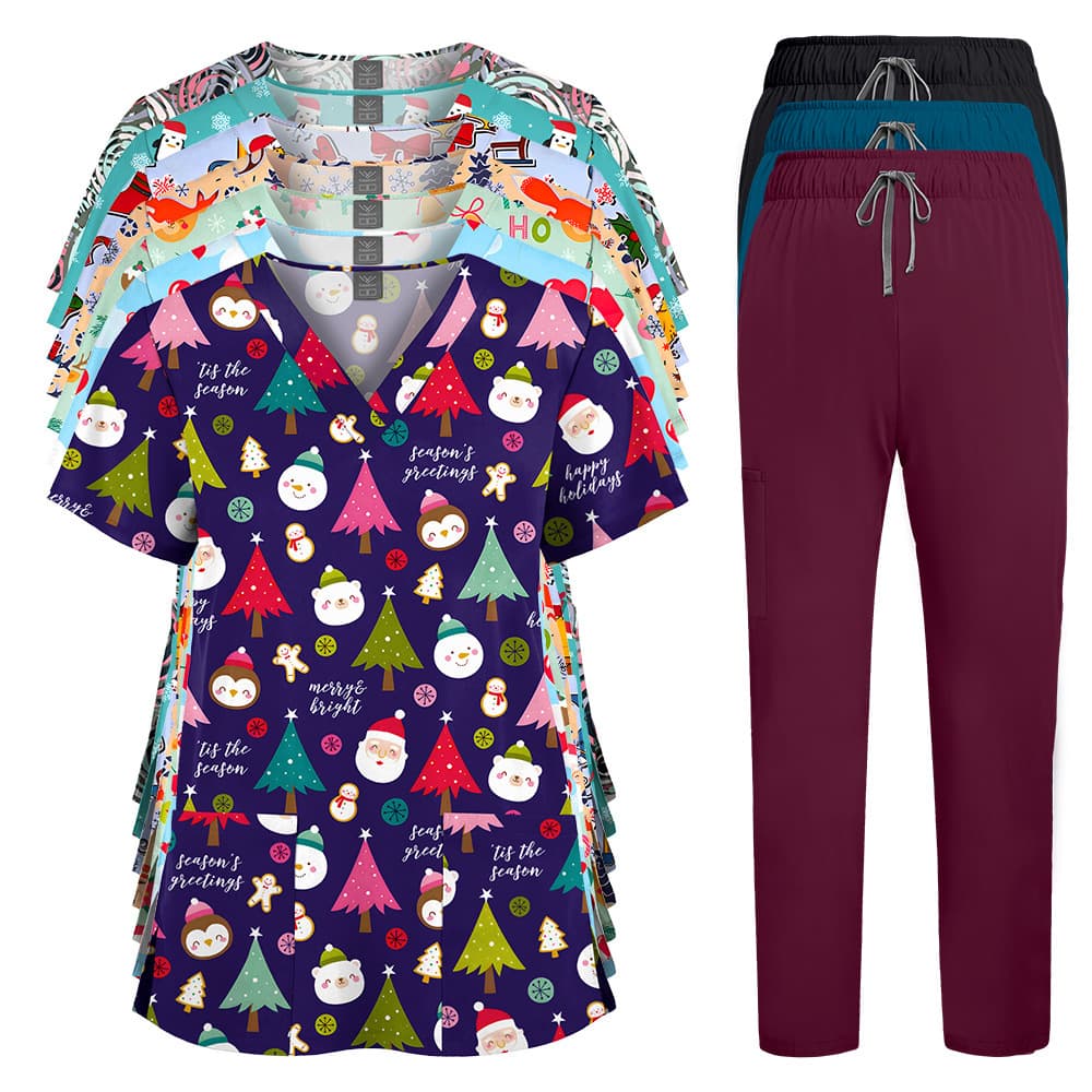 Printed Scrub Suit Set Thin Stretchy Solid Straight-Leg Pants Hospital Spa Workwear Nurse Uniforms Dropshipping Temu