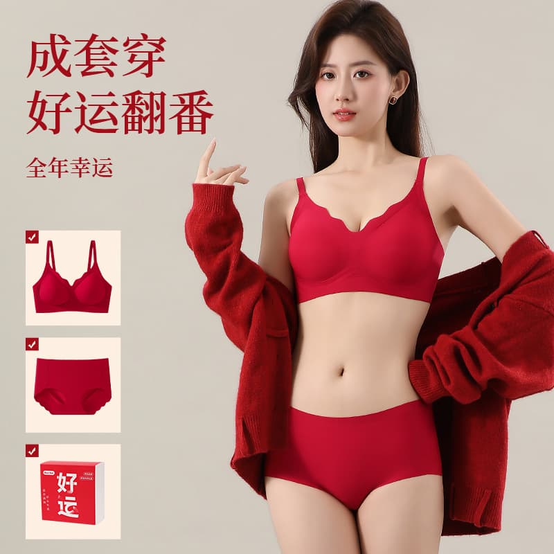 Zodiac Year Bright Red Underwear Set for Women, Push-Up for Small Bust, Anti-Sagging, Bride Wedding Gift Box, New Year Good Luck Bra