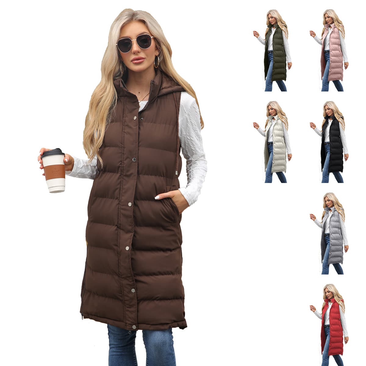 2025 autumn and winter new style women hooded sleeveless vest long solid color zipper padded thickened coat cross-border women's clothing
