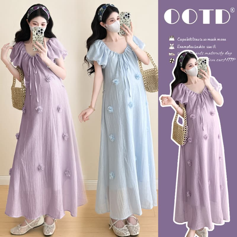 2026 Summer 3D Floral Maternity Dress Tencel Breathable Korean Style Sweet Over-the-Knee Maternity Dress