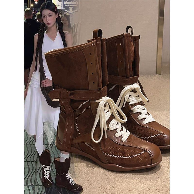 Vintage Platform Duck Boots for Women Outdoor Lace-up Combat Boots Brown Flat Boxing Boots Short Western Boots