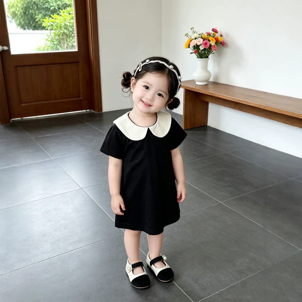 Baby Girl Summer Hepburn Style Dress Infant Black and White Contrast Color Doll Collar Short-Sleeved A-Line Dress Fashionable Children's Clothing