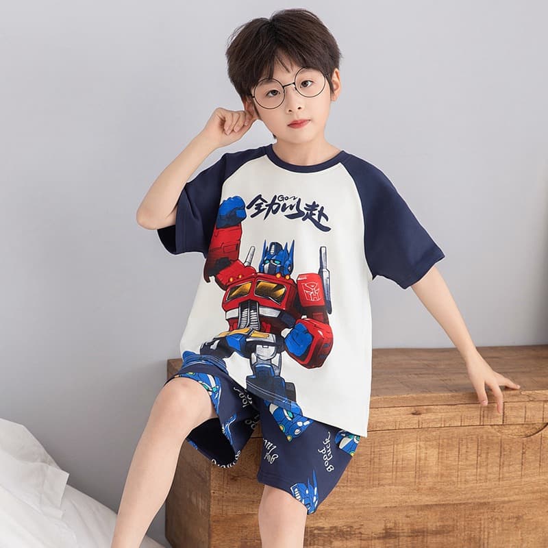 Children's Pajamas Set Summer Thin Handsome Middle and Large Children's Cute Cartoon Boys Pure Cotton Children's Short-sleeved Home Clothes