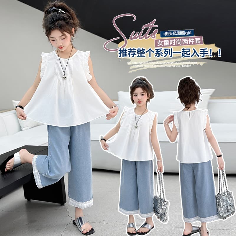 2025 New Girls' Wide-Leg Pants Set, Trendy Casual Sleeveless Two-Piece for Medium to Large Children