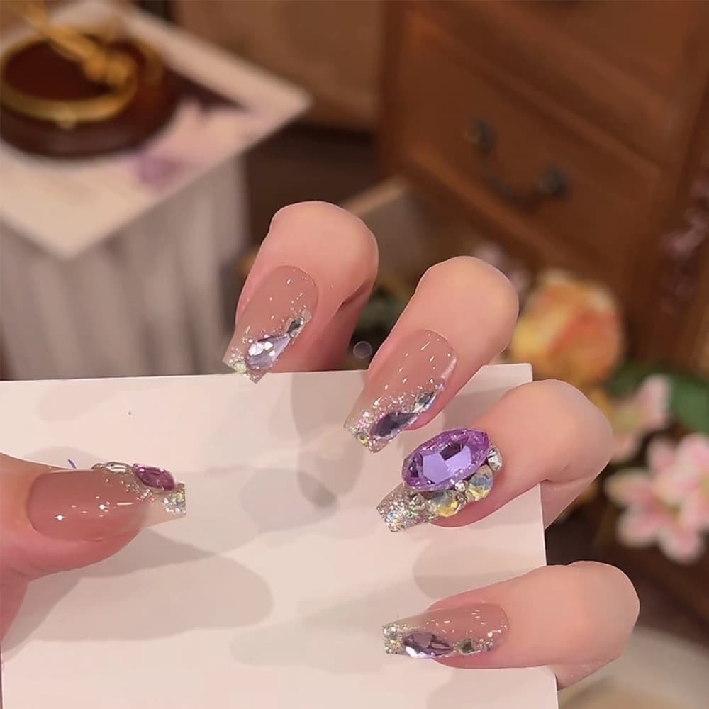 10-piece coded handmade wearable nails, pure handmade medium-length trapezoidal purple diamond-encrusted wearable nails, pure lust style manicure