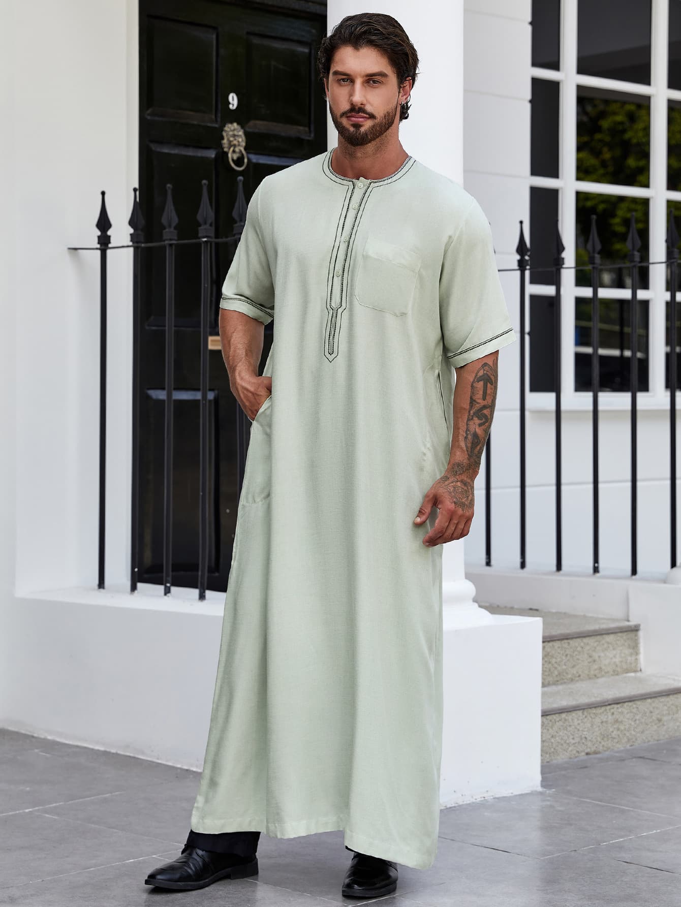 Turkish Men's Robe, Solid Color Loose Button-Down Shirt, Men's Robe Thobe 170-5