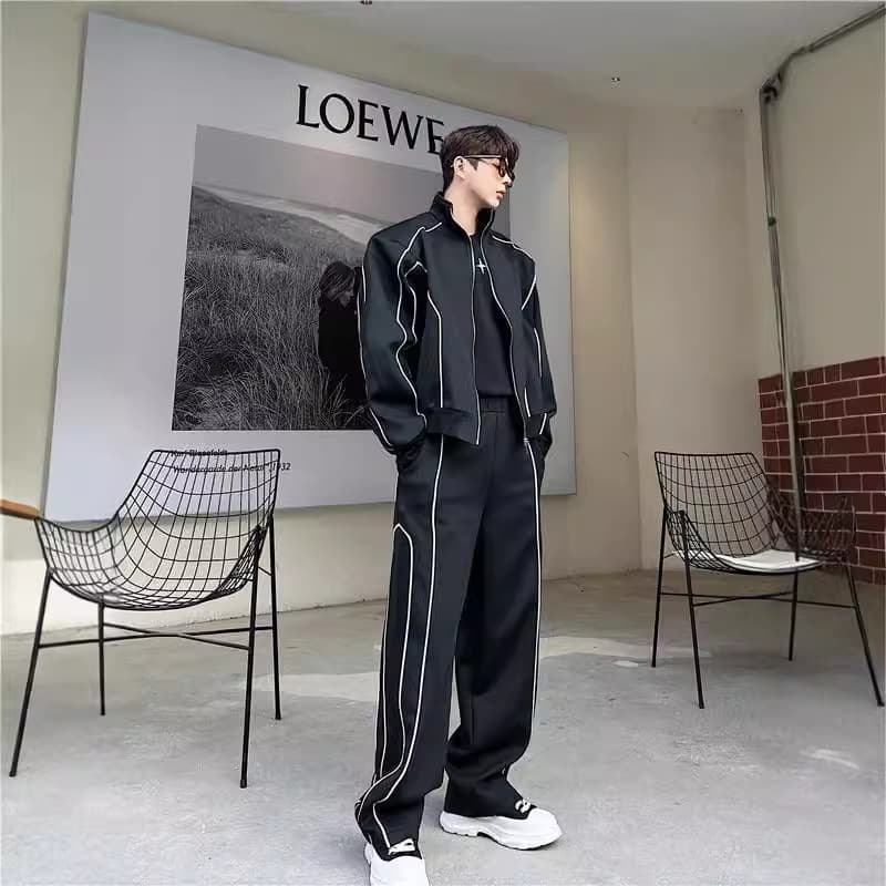 Premium Casual Sportswear Set for Men: Relaxed-Fit Cardigan Jacket with Wide-Leg Pants, Stylish Two-Piece Outfit